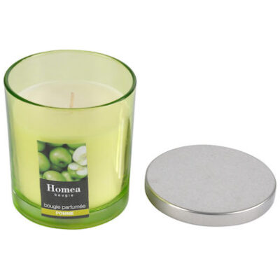 Candle in a glass package with metal lid Apple