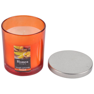 Candle in a glass package with metal lid Mango