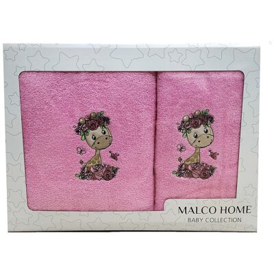 Σετ πετσέτες 2τμχ Malco Home Baby Giraffe Ροζ