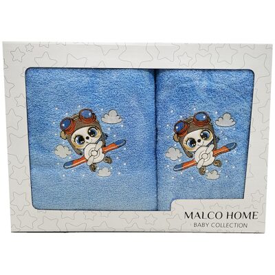 Σετ πετσέτες 2τμχ Malco Home Panda Pilot Γαλάζιο