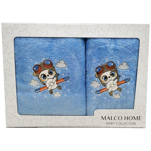 Σετ πετσέτες 2τμχ Malco Home Panda Pilot Γαλάζιο